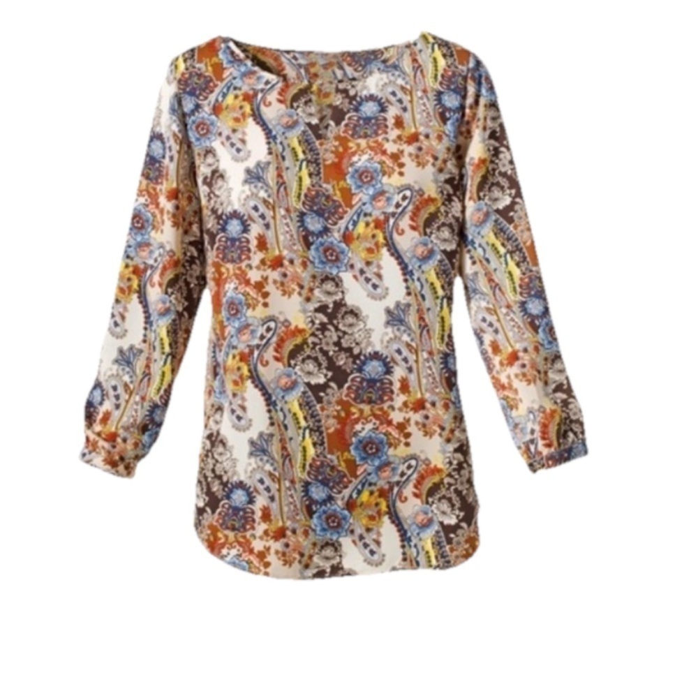 Chicos Large Ella Keyhole Paisley 3/4 Sleeve Pullover Tunic Top Cognac Art satin